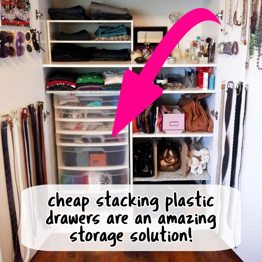 storage tips for small apartments - cheap dollar store stacking plastic storage shelves help maximize space