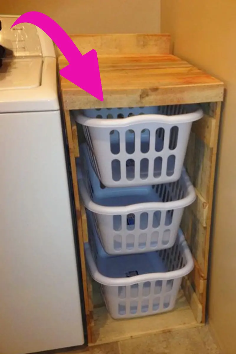 Stacked laundry basket storage shelves