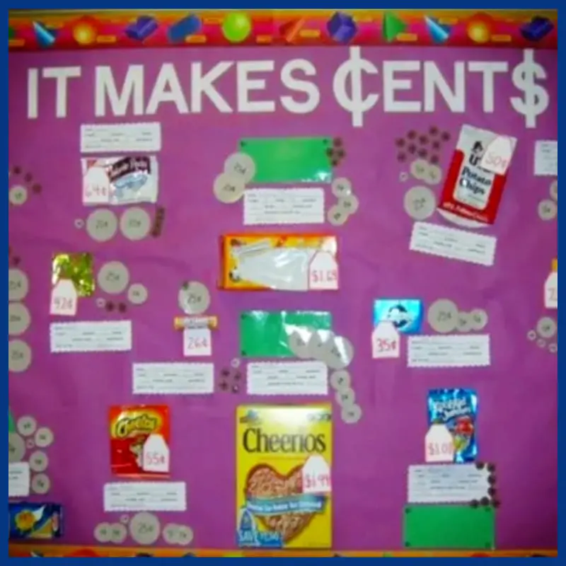 handmade charts for classroom decoration - perfect for an early childhood classroom to teach kids about money and how much things cost which is more primary school - super creative and unique bulletin board idea for teachers