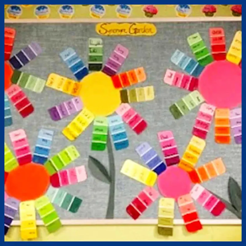 rainbow bulletin board ideas for preschool or Day Care - any early education classroom - what a creative unique handmade bulletin board idea using paint samples shaped into flowers!