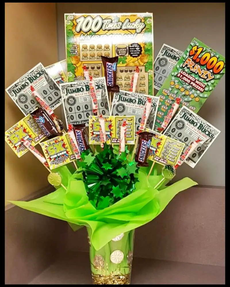 DIY lottery ticket gift basket bouquet in a vase for birthday, raffle, christmas or as a silent auction basket ideas for fundraiser - see more lottery ticket gift ideas