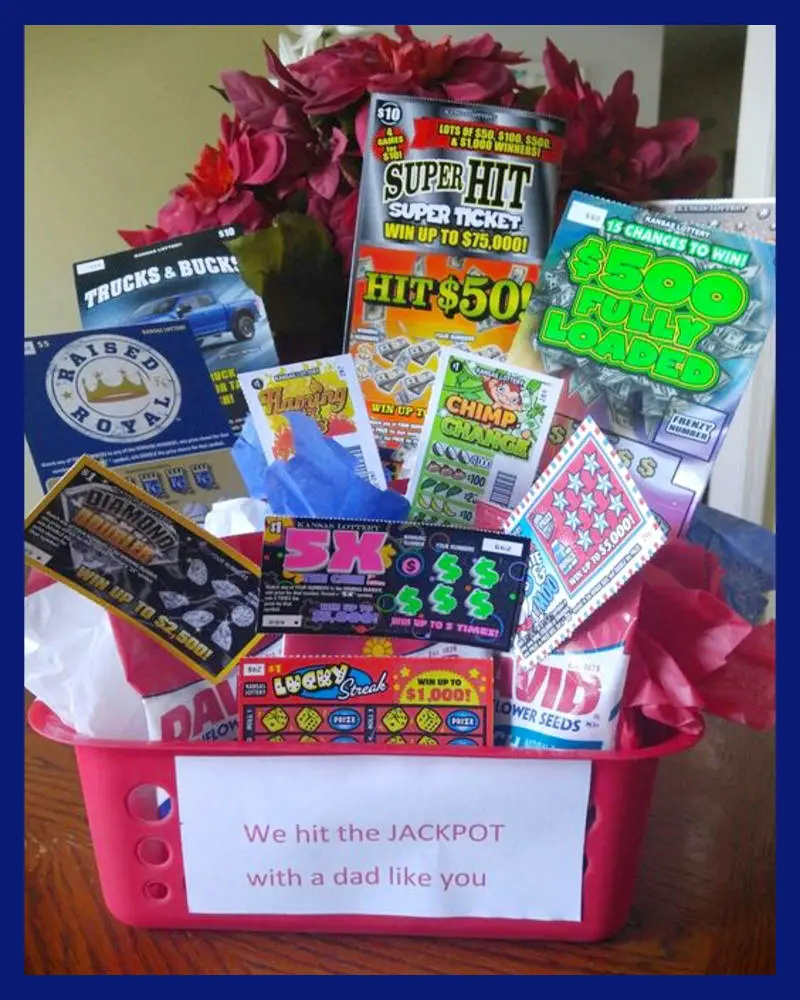 Jackpot Dad Gift Basket Ideas - unique and easy gift basket ideas for Father's Day or Dad's Birthday - creative ways to give lottery scratch off tickets as gifts
