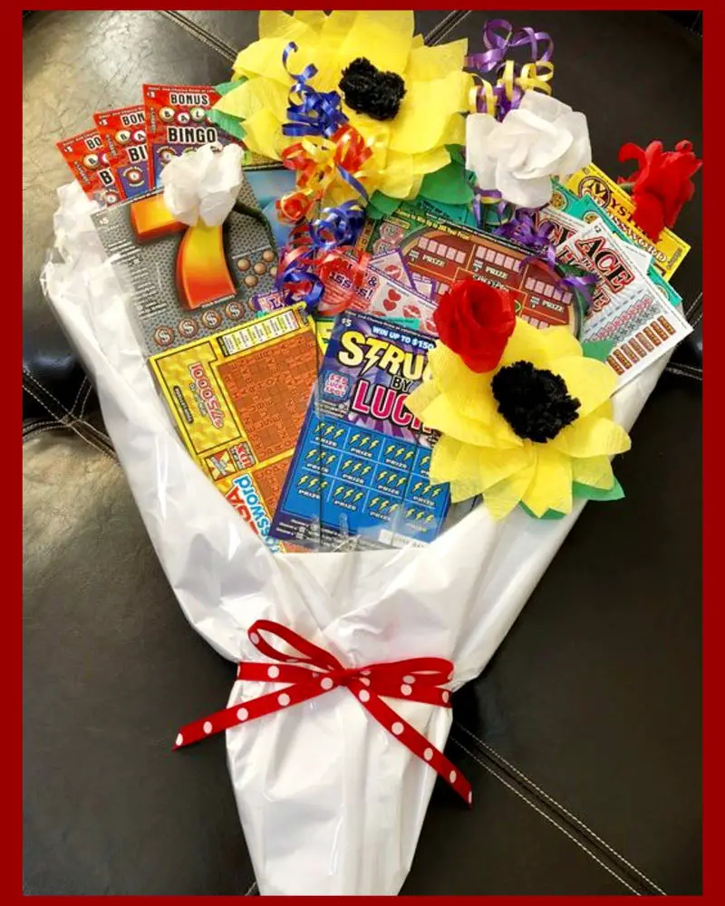 Lottery ticket gift ideas - scratch off ticket bouquet - easy DIY gift on a budget for Mothers Day, birthday, anniversary, retirement, teacher appreciation and more