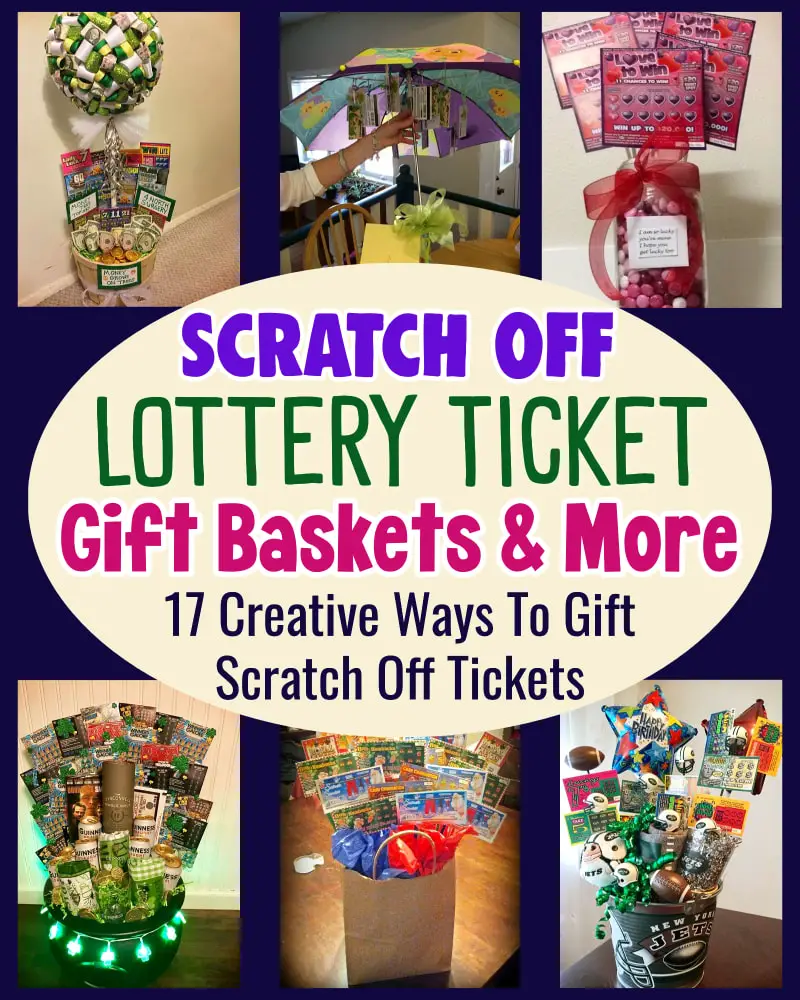Scratch Off Lottery Ticket Gift Basket Ideas - UNIQUE and creative ways to gift scratch off tickets and scratcher lottery tickets - DIY lottery ticket gift ideas , tricky tray basket ideas for penny auction basket raffles scratchie gift basket ideas, lotto raffle baskets and more for fundraising, birthdays, DIY Christmas gifts, Fathers Day, teachers appreciation, boyfriend, Valentines, Jack and Jill raffle, secret santa, white elephant, 18th birthday, 40th birthday, retirement gifts, silent auction, Chinese auction, school graduation, money gifts and scratch off ticket gift baskets, lottery ticket tree, birthday cake, wreath and bouquet ideas