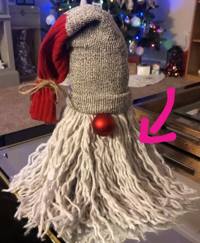 diy christmas gnome with mop, sock for the hat, christmas ball ornament nose