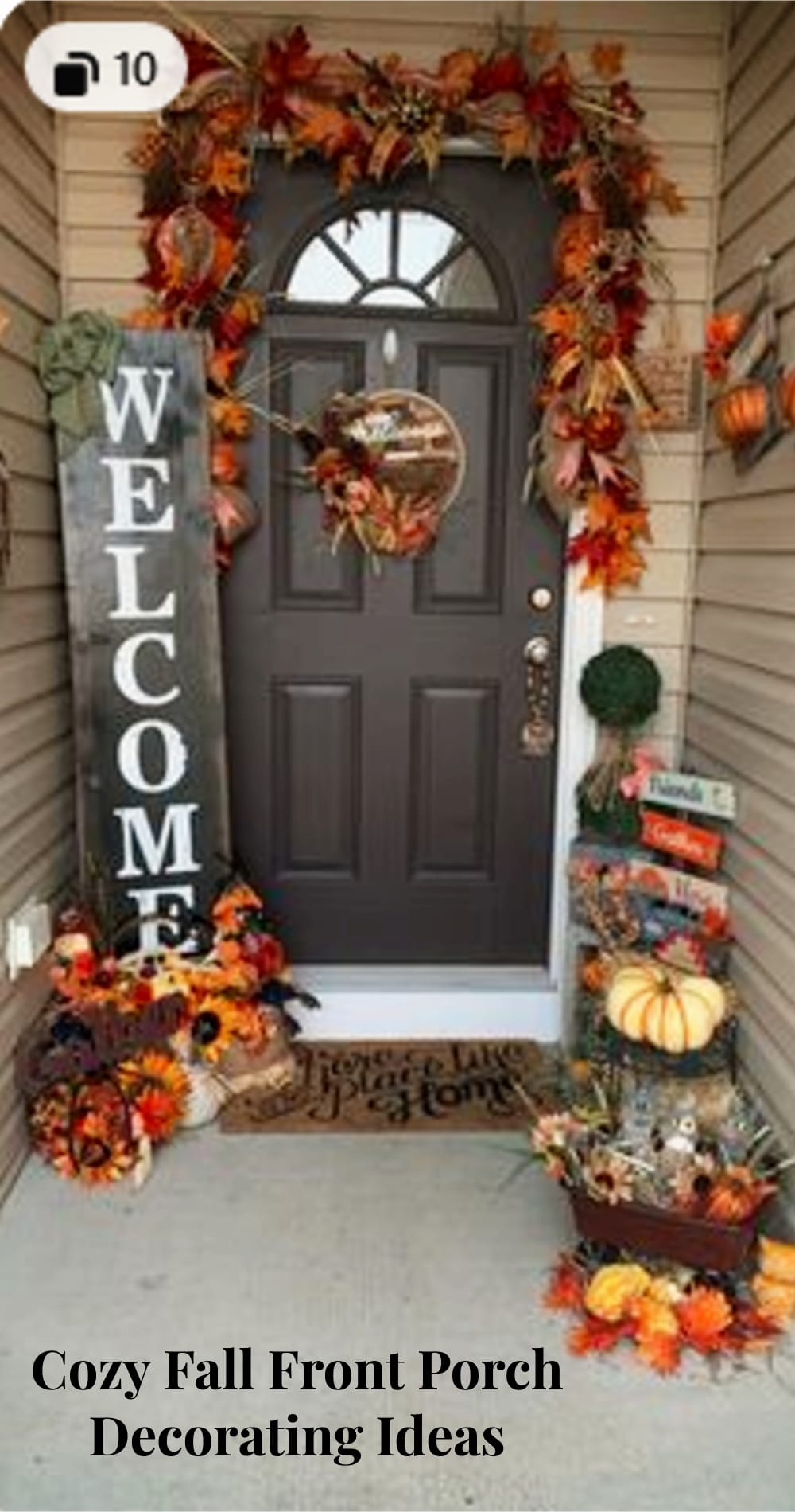 Front porch decorating ideas for Fall - just LOVE this cozy Fall front porch - easy enough DIY decorating project I can do for Autumn, after Halloween, Thanksgiving season - the welcome sign and pumpkins just pull it all together