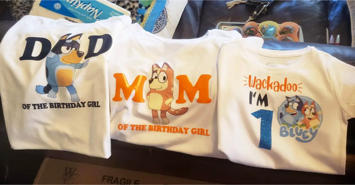 matching Bluey birthday shirts for mom, dad and birthday girl or birthday boy to wear at 1st birthday party