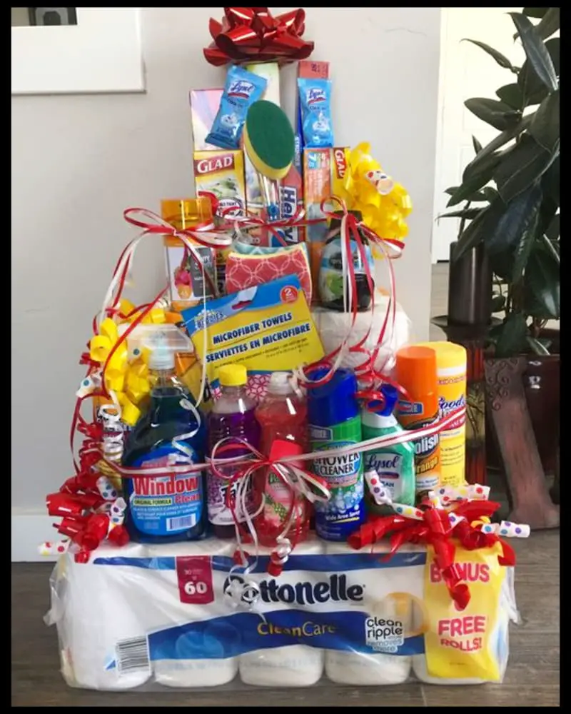 dirt santa / white elephant gift idea - gift basket made with household cleaning supplies, toilet paper and more from my Dollar Tree store
