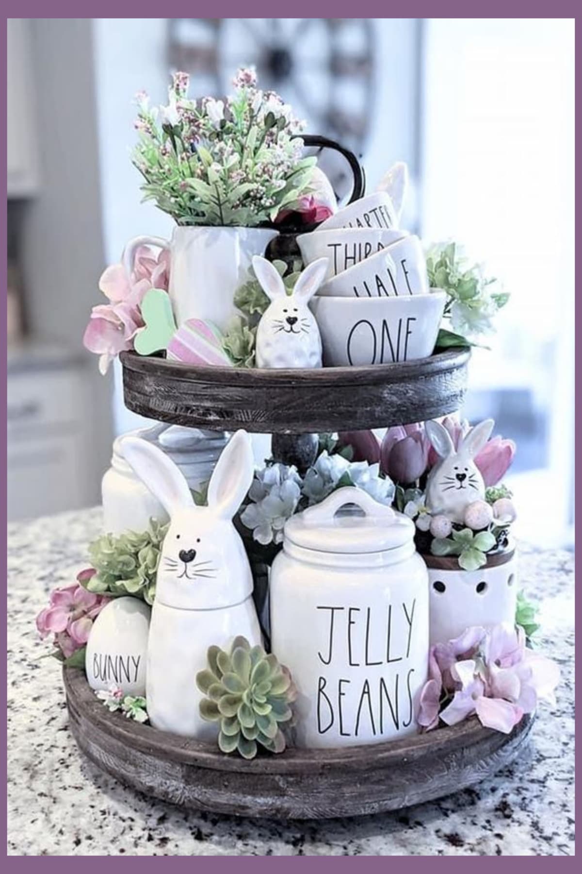Spring decor ideas - Easter tiered wooden tray for a Springtime centerpiece decoration