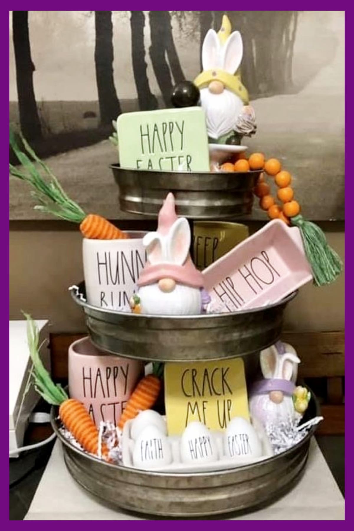 Easter tray decor ideas - gnome bunnies and more Easter decorations on a 3-tier tray - cute Spring decor ideas with Springtime decorations
