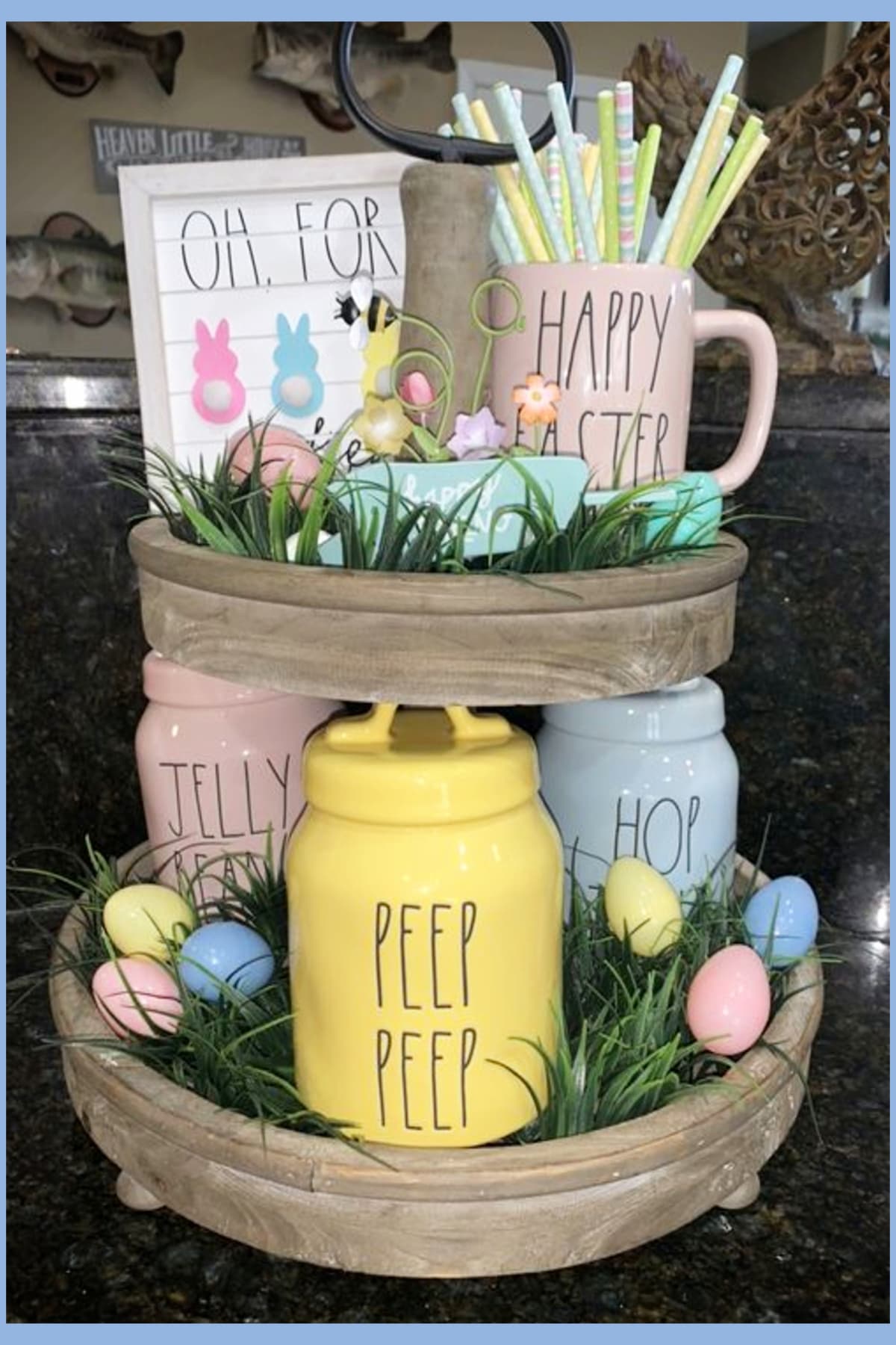 Easter wood tray centerpiece ideas - wooden tiered tray decorating ideas for Easter Spring decor