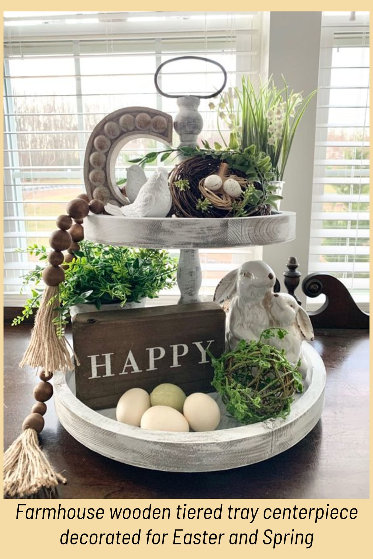 Farmhouse wooden tiered tray centerpiece decorated for Easter and Spring