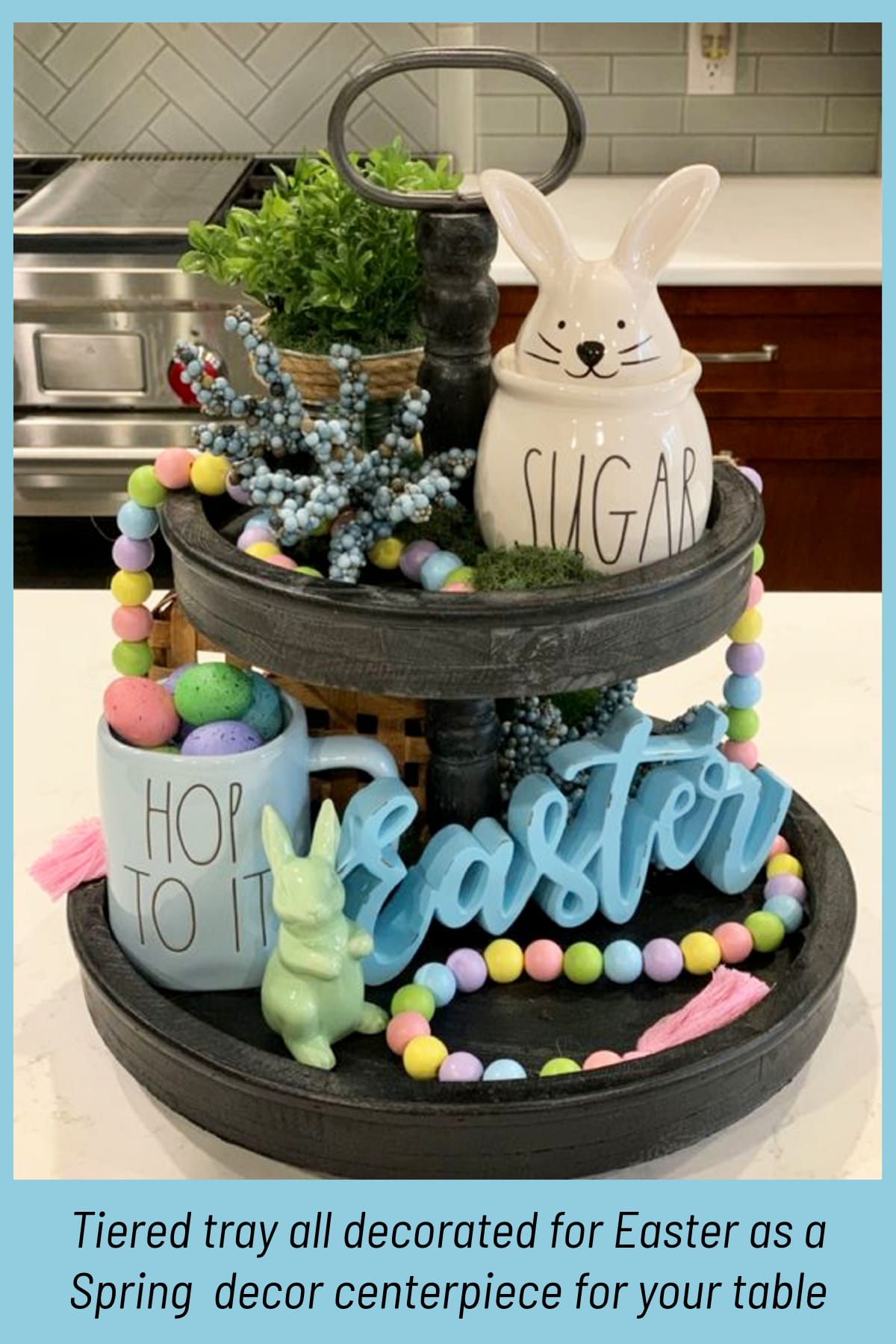 Tiered tray all decorated for Easter as a Spring  decor centerpiece for your table