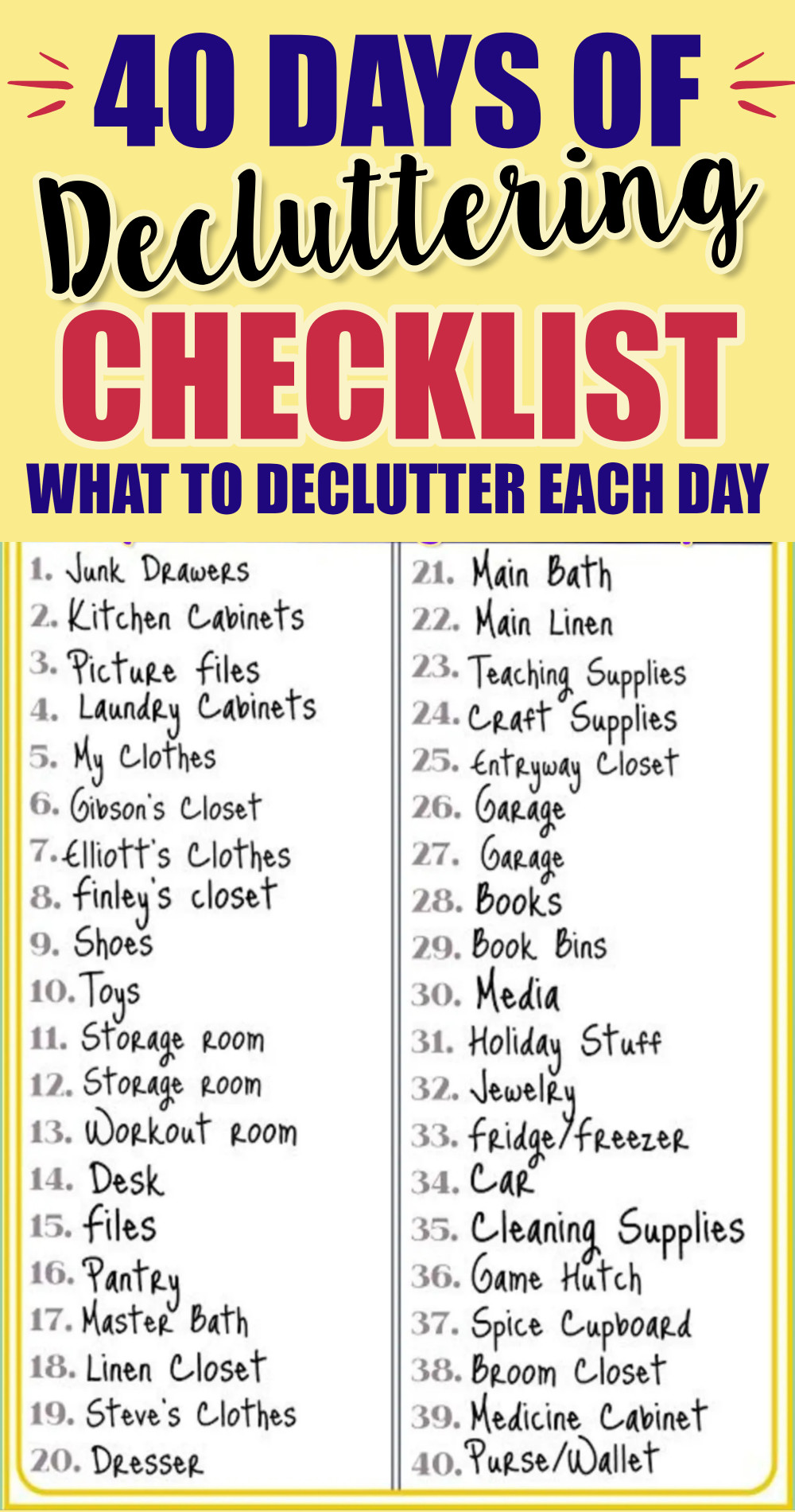 Decluttering Challenge 40 Day Checklist