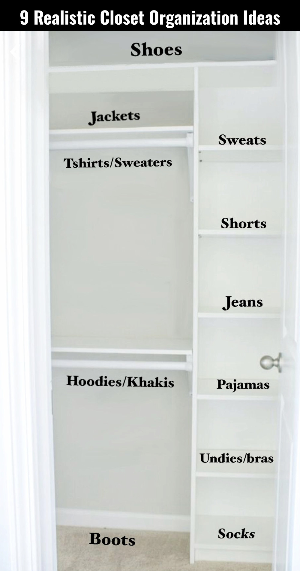 Organized small closet with shelves and double clothing rods