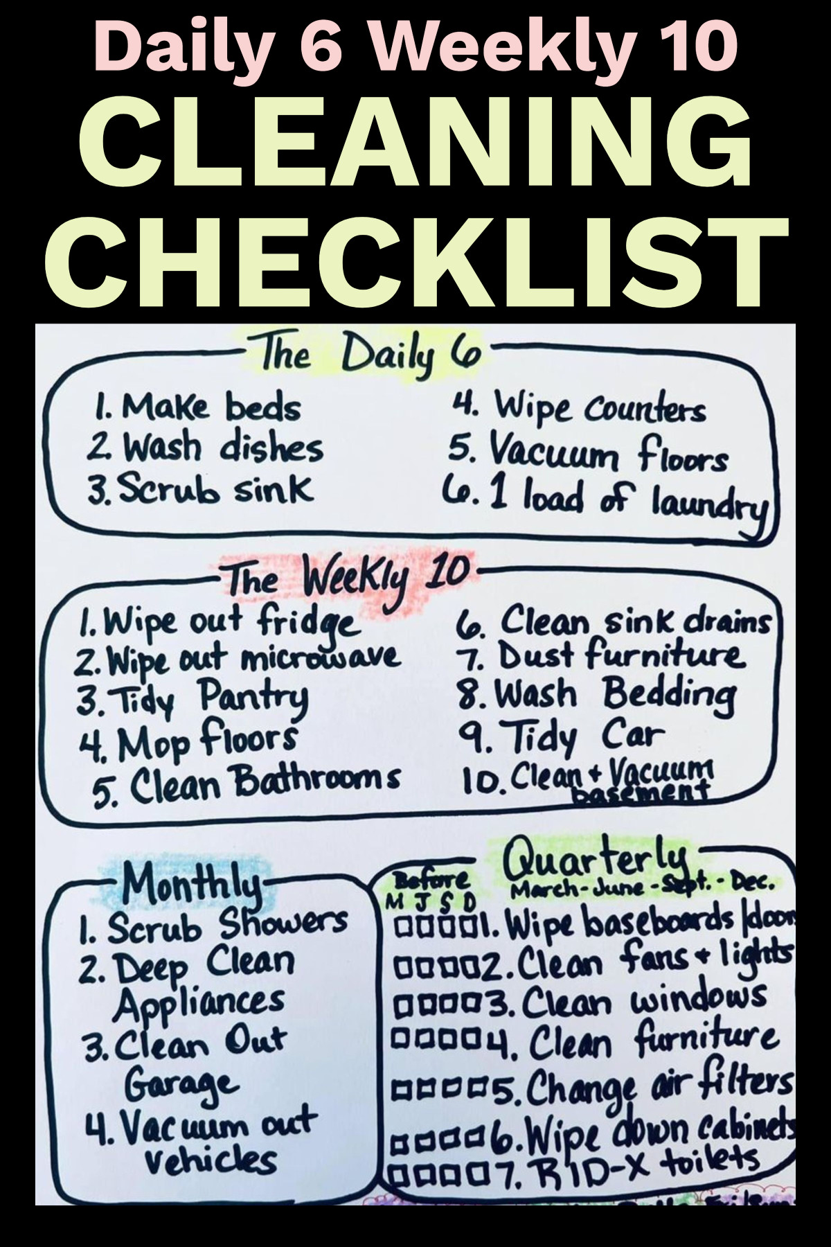 Daily 6 Weekly 10 Cleaning Checklist