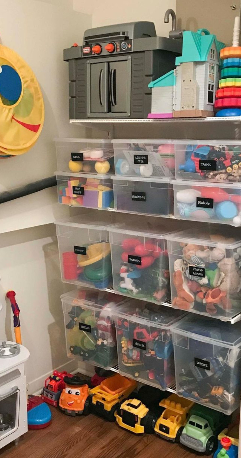 organized toy closet open shelving storage tote box containers