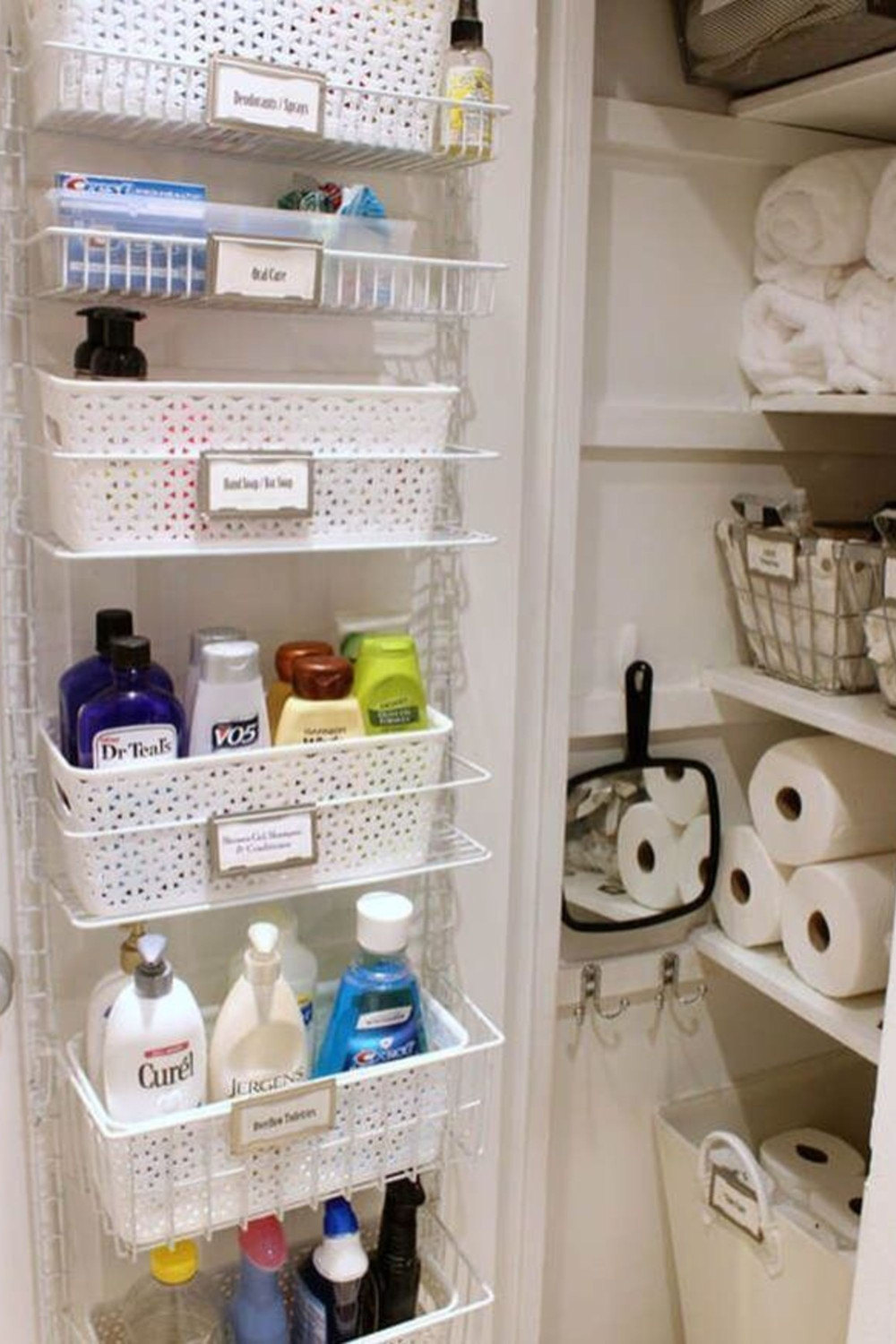 linen closet organized with baskets on shelves