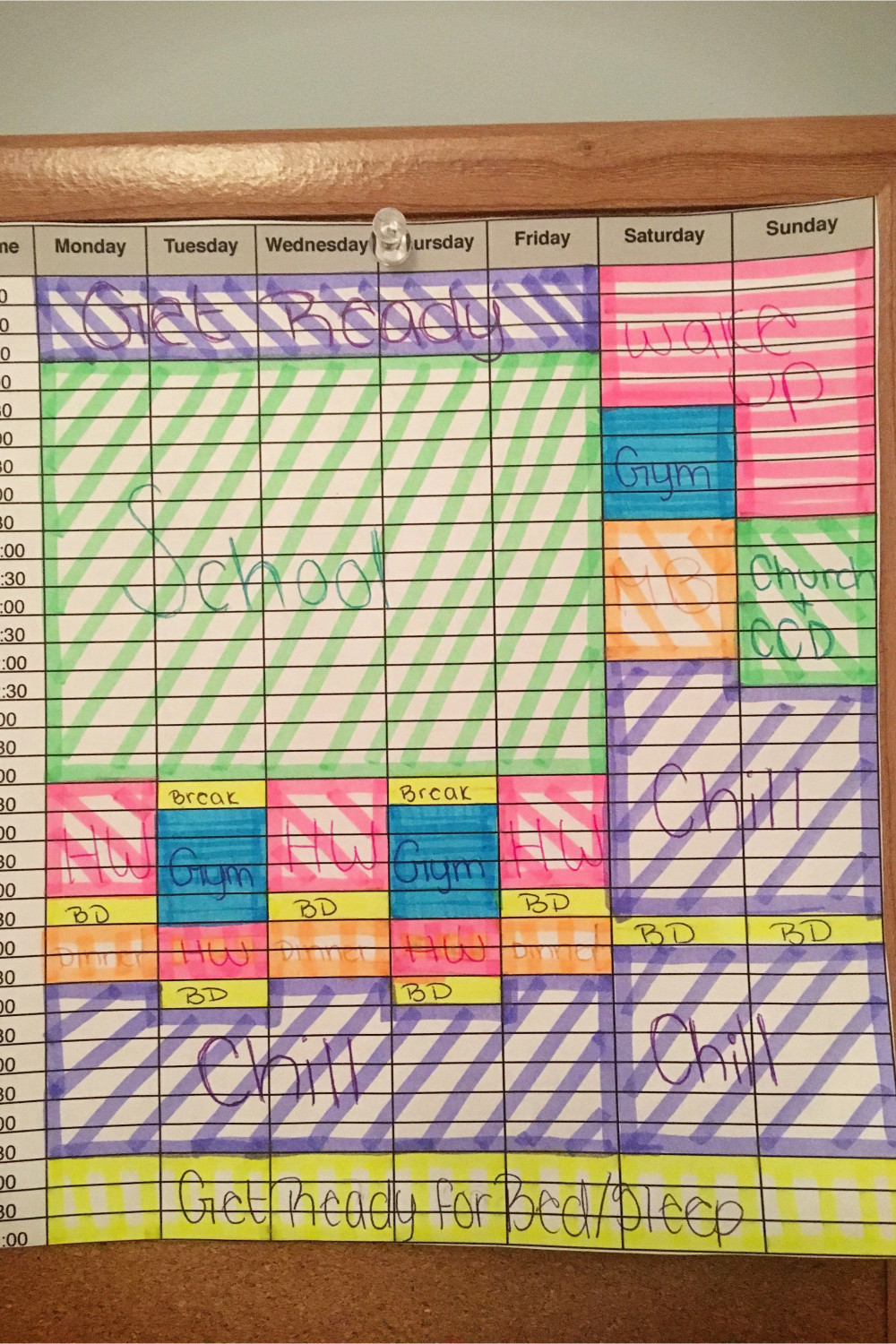 Organized daily schedule color coded time blocks of weekly activities