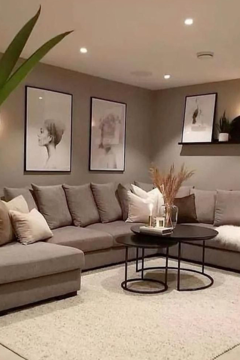 Cozy neutral grey brown couch living room