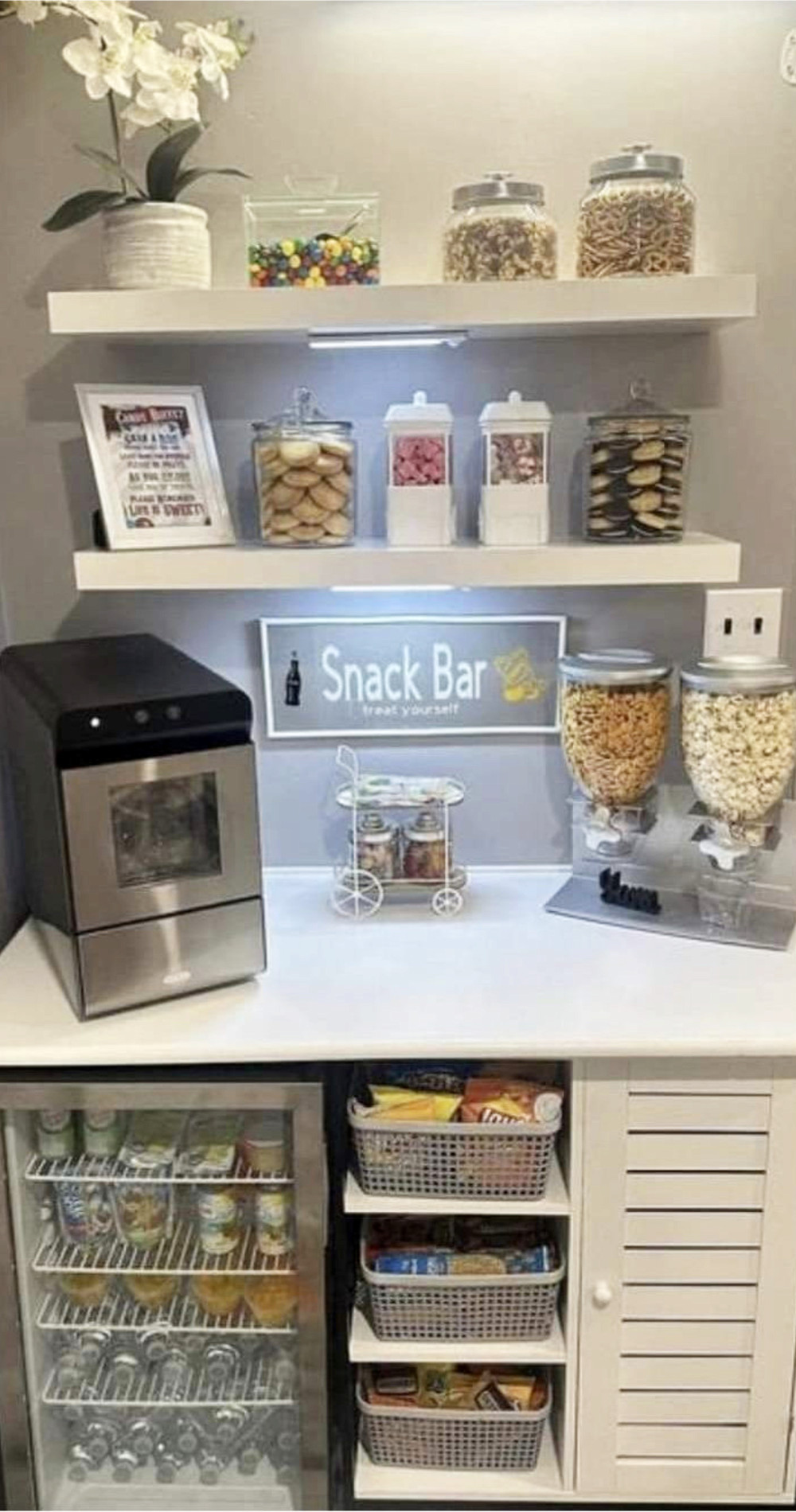 neatly organized snack bar storage area