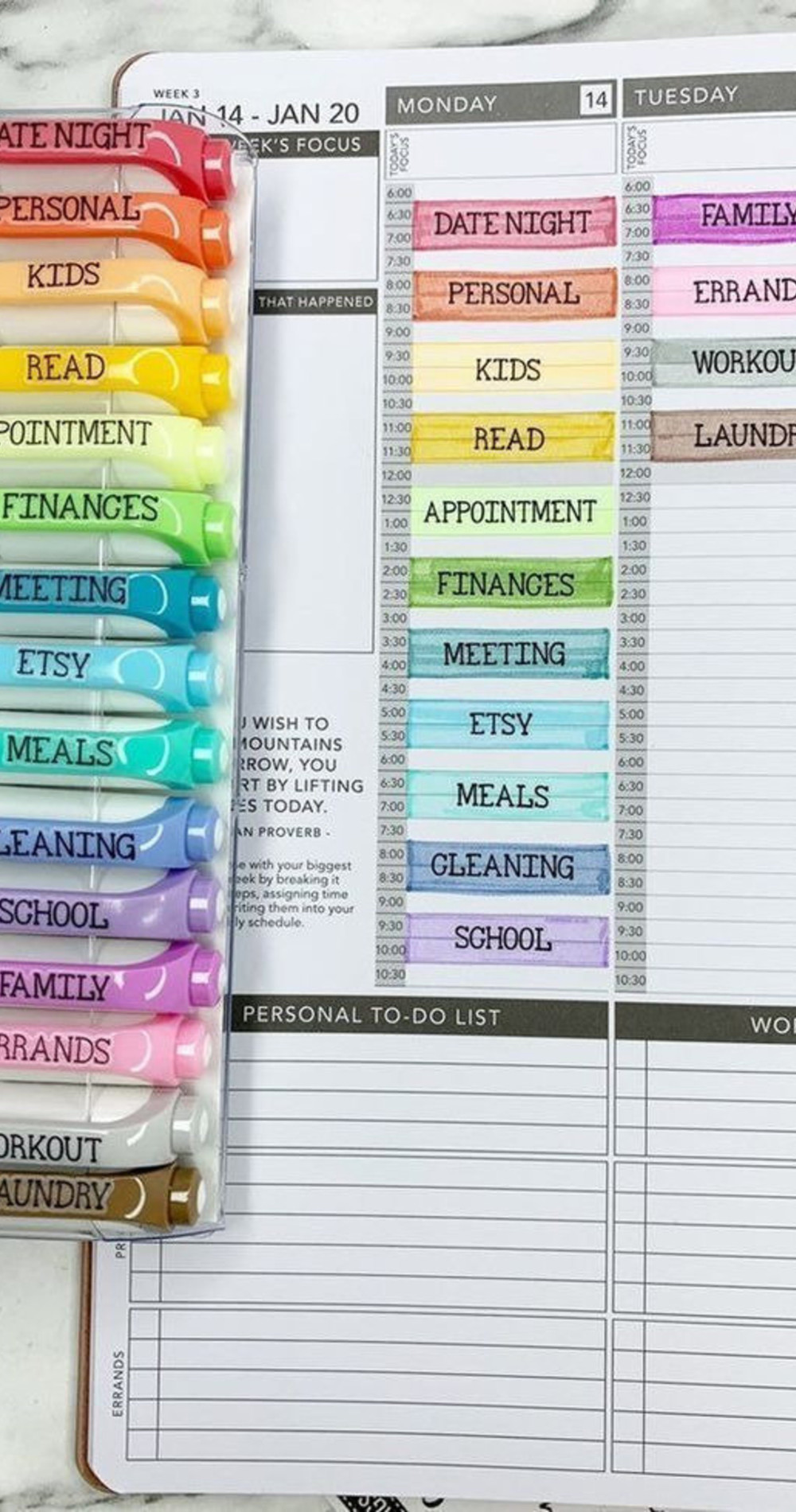 Schedule organization ideas - color coded day planner time management system