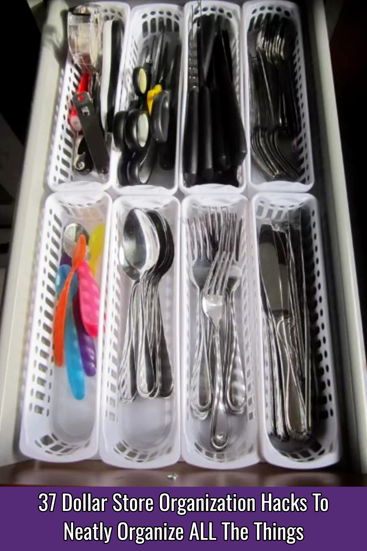 Cheap plastic organizer baskets organizing flatware and utensils in kitchen drawers