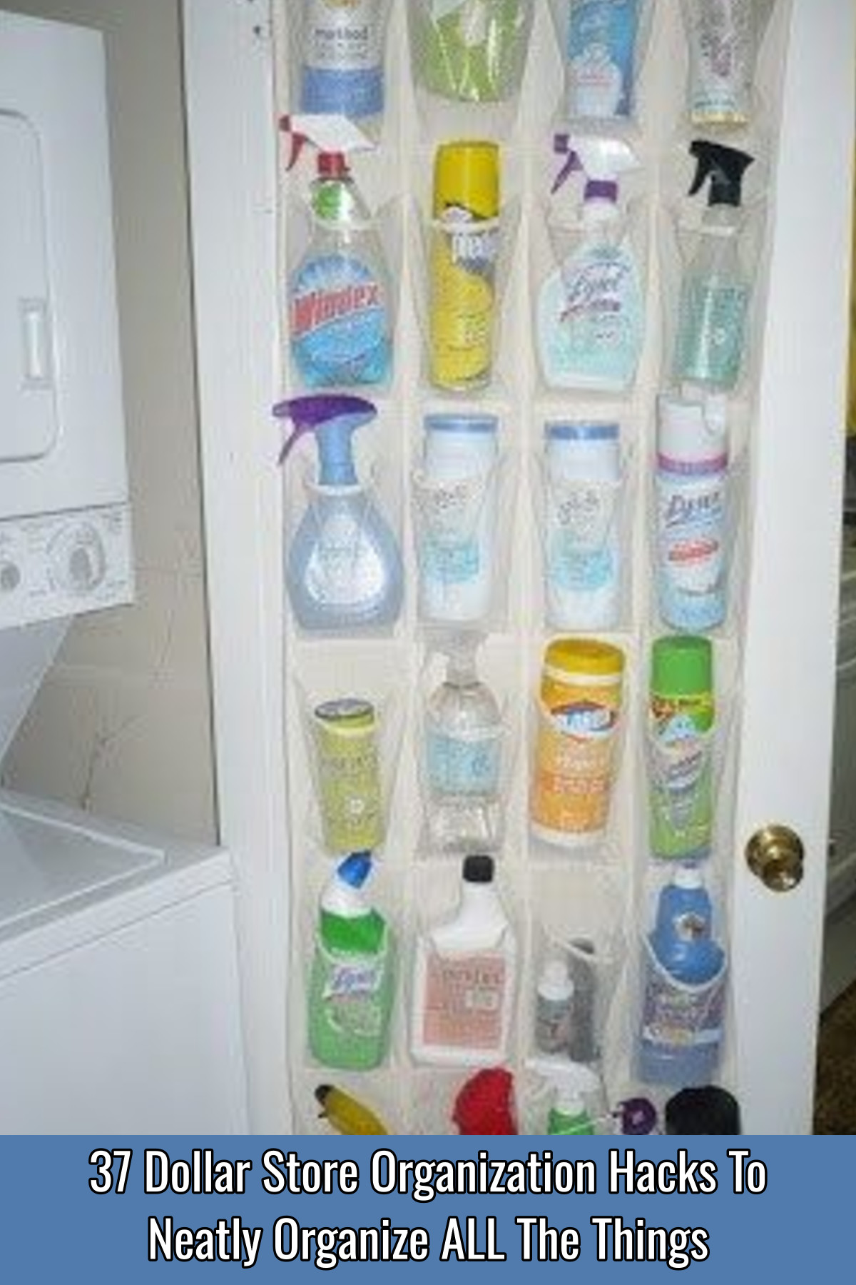 clever idea to use a Dollar Store over-the-door shoe organized to organize ALL the cleaning supplies in the laundry room or linen closet