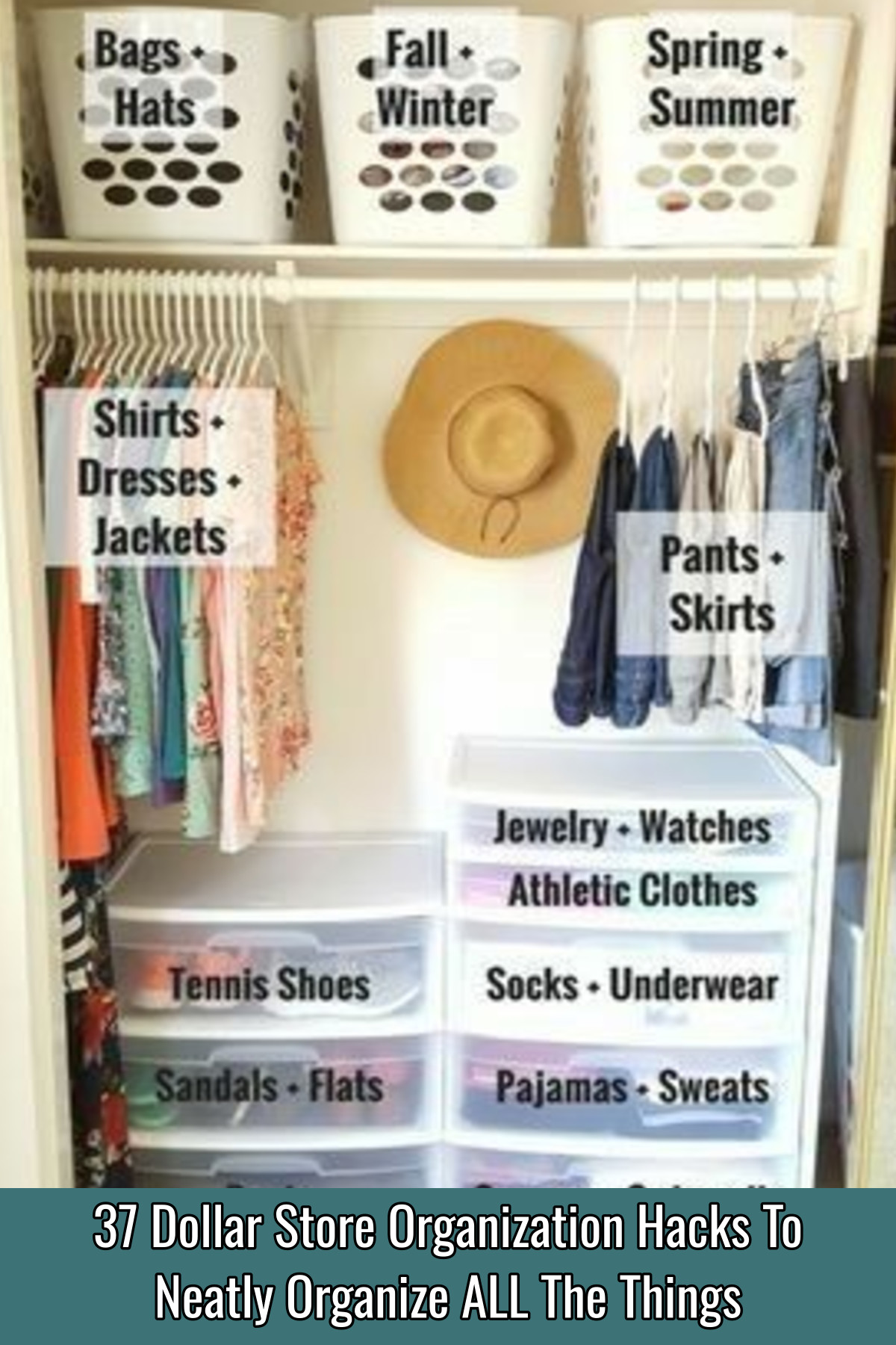 idea to use discount store plastic baskets and drawers to organize the closet